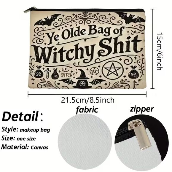 Witch Pentagram Ye Olde Bag of Witchy Stuff Double-Sided Zipper Makeup Pouch - Picture 2 of 4